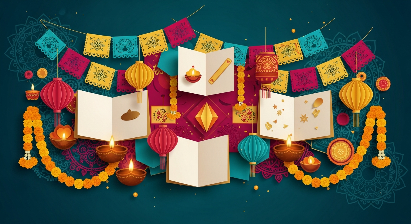 An editorial illustration interweaving diyas, paper lanterns, marigolds, papel picado and rangoli motifs in deep teal, warm gold and crimson.